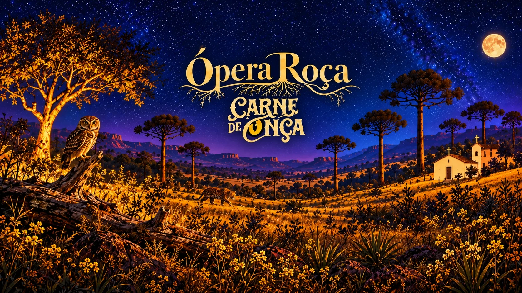 Paisagem noturna do Ópera Roça, com coruja em um tronco caído e uma onça ao fundo