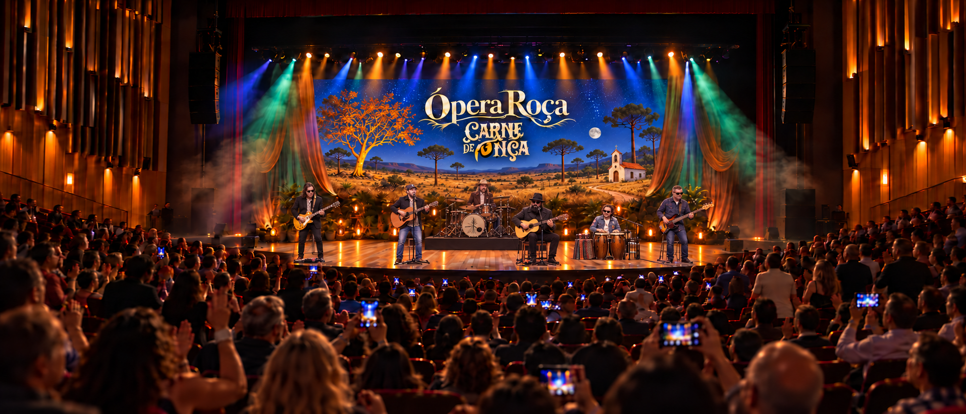 Concepção visual do Ópera Roça, com seis músicos em um grande palco de teatro