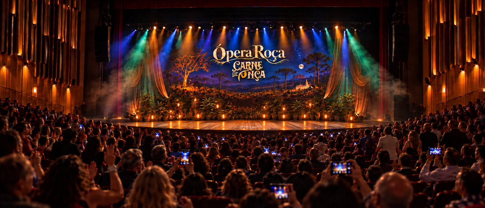 Concepção do palco do Ópera Roça, com paisagem no backdrop e iluminação teatral