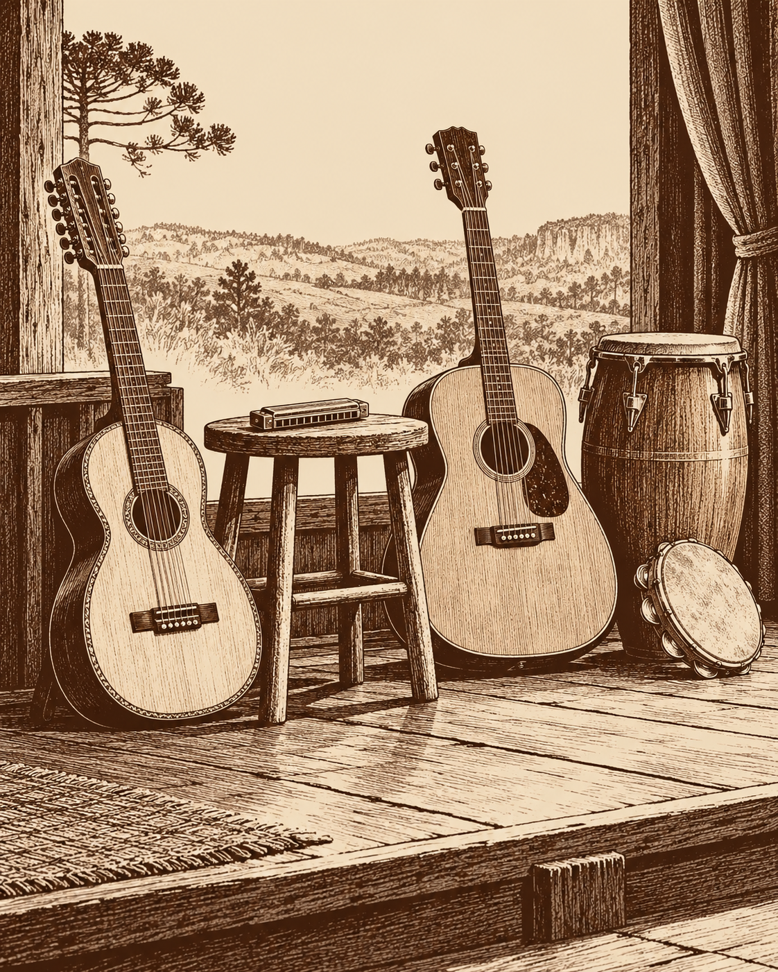 Grafismo de um pequeno palco com viola caipira, banquinho, gaita de boca, violão e percussão