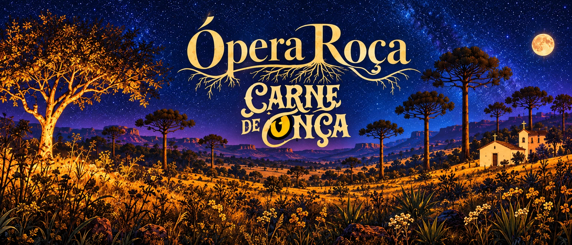 Paisagem ilustrada do Ópera Roça, com campos, araucárias e céu estrelado